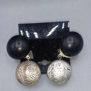 CLIP-ON EARRINGS Black and Silver Scroll Dome Drop Earrings